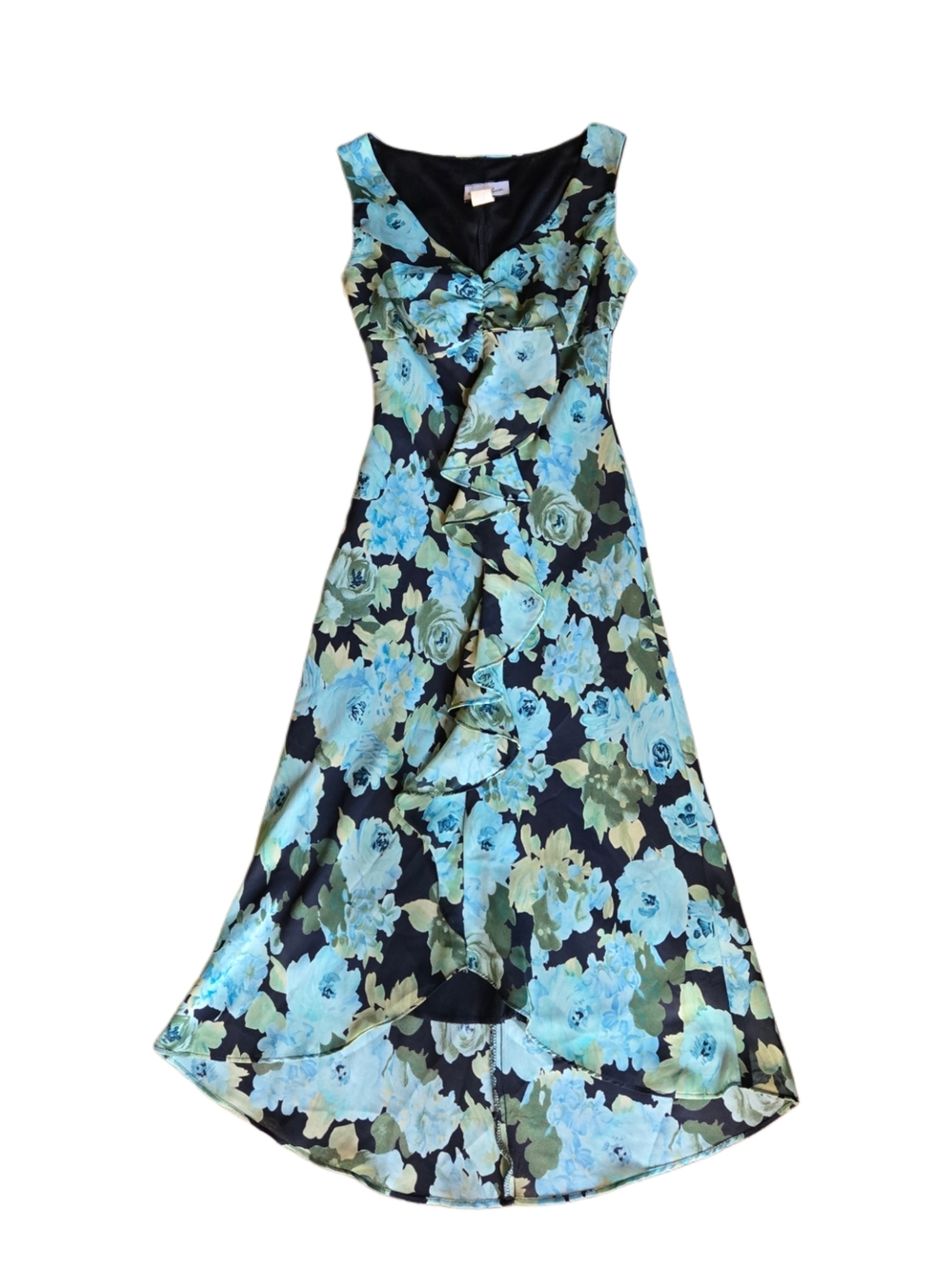 Vintage 90s Sleeveless Black & Aqua Floral Ruffled Midi Dress!
